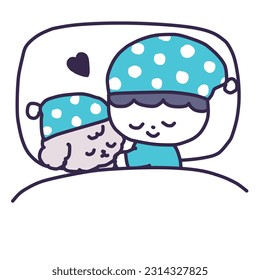 Illustration of a Boy Wearing a Nightcap Sleeping with a Cute Toy Poodle Dog in Bed - Powered by Shutterstock