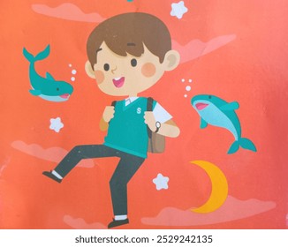 An illustration of a boy who carrying backpack playing with moon, stars and sharks in several colors on orange background - Powered by Shutterstock