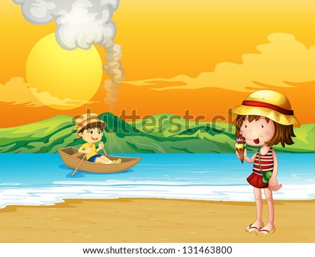 Illustration of a boy in a wooden boat and a girl at the seashore