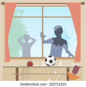 Illustration Of Boys Breaking A Window With A Football