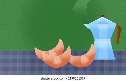 Illustration of a breakfast outdoors. Special breakfast. Croissant and fresh coffee. - Powered by Shutterstock