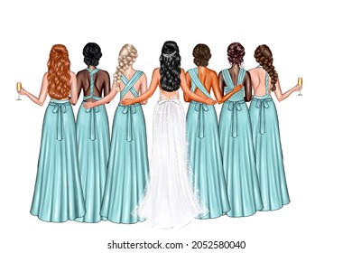 illustration bride   bridesmaid in identical dresses