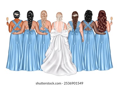 Illustration of a bride and bridesmaid in identical dresses. Bridesmaids with their backs to each other. - Powered by Shutterstock