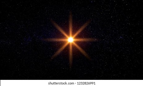 Illustration of bright shining sun star or golden light with eight pointed lens flare on vignetted dark space sky background