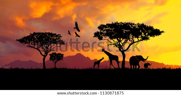 アフリカの明るい夕日 野生の動物とサファリのイラトス サバンナの日没の背景にキリンと象 サファリ のイラスト素材
