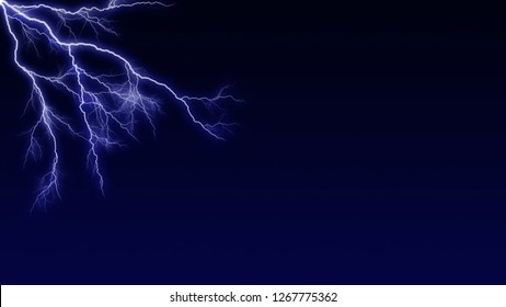 Illustration of bright white and purple lightning bolts from upper left on dark night gradient blue sky background
