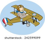 Illustration of a British airforce world war one pilot flying a Sopwith Camel Scout which is a single-seat fighter aircraft propeller airplane done in cartoon style.