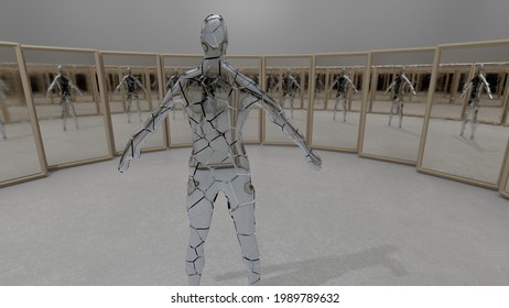 Illustration Of Brocken Mirror Man Reflecting Himself In The Mirrors, Surreal Concept 3d Render