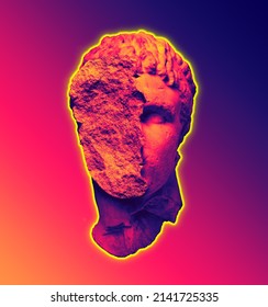 Illustration Of Broken Head Sculpture Of Classical Style On A Pedestal Isolated On A Gradient Background In Orange And Blue Vaporwave Style From 3D Texture Displacement Rendering.