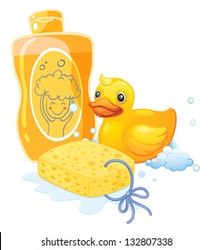 Illustration bubble bath and sponge   toy duck white background