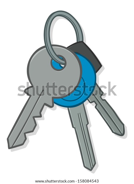 Illustration of a\
bunch of silver metal house and car keys on a keyring with a blue\
circular tag, isolated on\
white