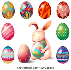 Illustration of a bunny surrounded with Easter eggs on a white background
