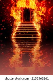Illustration of burning flame stairs and doors