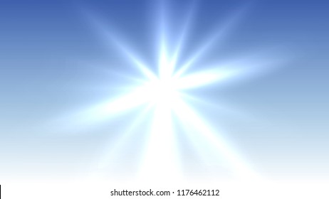 Illustration of bursting bright light on gradient blue sky background 