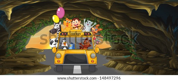 Illustration of\
a bus full of animals inside the\
cave