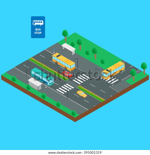 illustration. Bus stop and road. Bus, bus stop,\
cars, bus stop\
sign