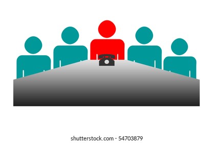 Illustration Of Business Board Meeting With Chairman And Telephone, Isolated On White Background.