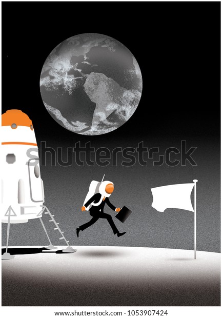 illustration of a business man landing on the\
moon with the earth in the\
background