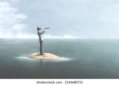 Illustration Of Business Man On A Little Lost Island Looking For Help, Surreal Concept