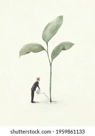 Illustration of business man watering a big bud, surreal abstract gardening concept