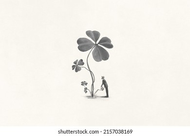 Illustration Of Business Man Watering A Big Four Leaf Clovers Plant, Surreal Abstract Future Concept