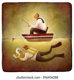 The illustration of a businessman fishing from the boat and a scuba diver hooking the dollar sign 