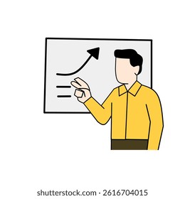 illustration of a businessman giving a presentation with a rising arrow chart on a whiteboard.