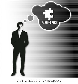 illustration of a businessman thinking a missing piece vision.on a stylish striped black white background