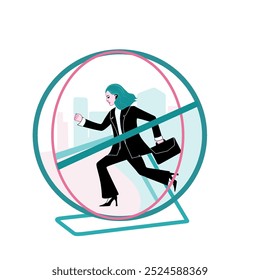 An illustration of a businesswoman running in a hamster wheel, symbolizing the never-ending cycle of work, routine, and the rat race of modern life. - Powered by Shutterstock