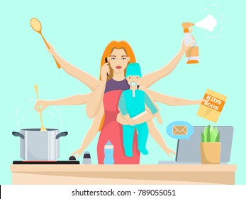 Illustration of busy woman with baby. Super mom cooking, cleaning, reading book, playing tennis, using laptop and talking on the mobile phone at the same time. Flat style design.