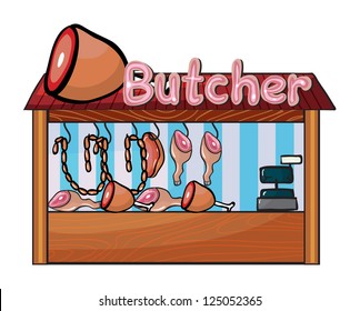 Illustration of a butcher shop on a white background - Powered by Shutterstock