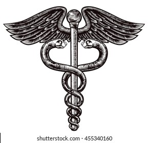 An illustration of the caduceus symbol of two snakes intertwined around a winged rod in a vintage woodcut style. Associated with healing and medicine. 