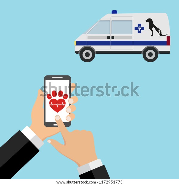 illustration of calling an ambulance
veterinary on the phone on a blue
background