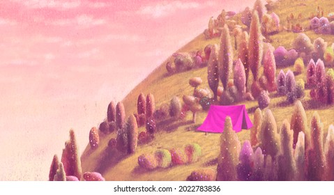 Illustration Of Camping Tent In Forest, Painting Of Nature Landscape , Fantasy Art, Mountains With Trees, Travel Concept Artwork