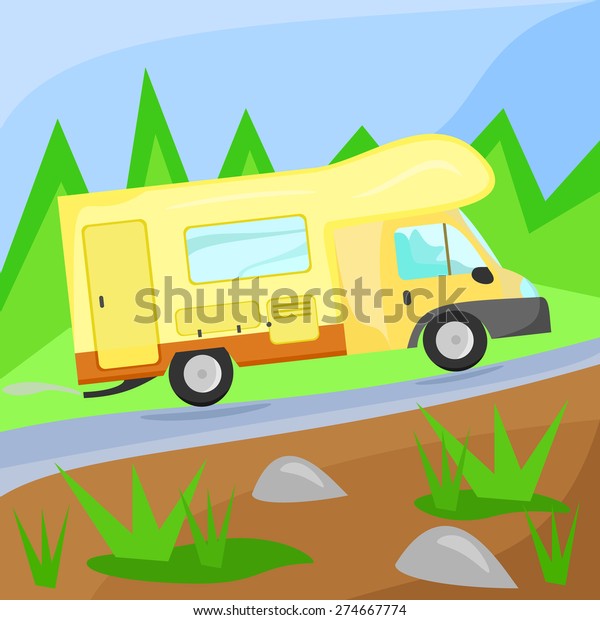 Illustration of a camping truck on the road.\
Camper in the\
woods.