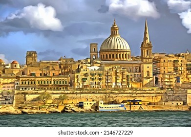 An Illustration the capital city Valletta the island Malta in the Mediterranean from Silima Beautiful Maltese Islands Seascape 