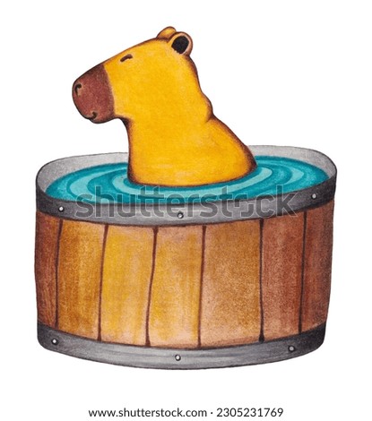 Illustration of a Capybara Taking a Bath in a Wooden Barrel of Water. Wild animal. Picture of Cute Cartoon Rodent