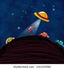 Illustration Of A Car Abduction By A UFO.