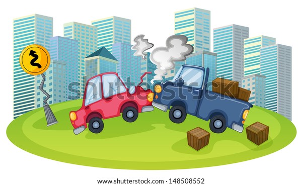 Illustration of a car accident in front of\
the high buildings on a white background\

