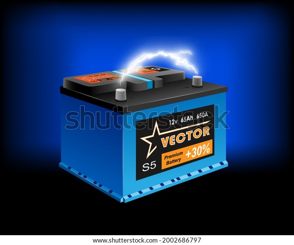 Illustration Car battery and electrical discharge on\
dark background. 3d\
