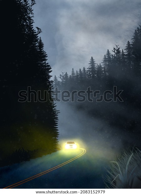 An illustration of a car with high beams on on a\
foggy morning in the\
woods.