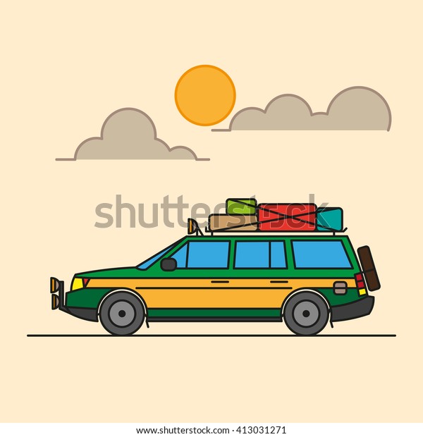 illustration of a car, car\
with Luggage travel by car, transportation, travel, vacation,\
Luggage on the roof, color, illustration, logo, illustration for\
the\
magazine