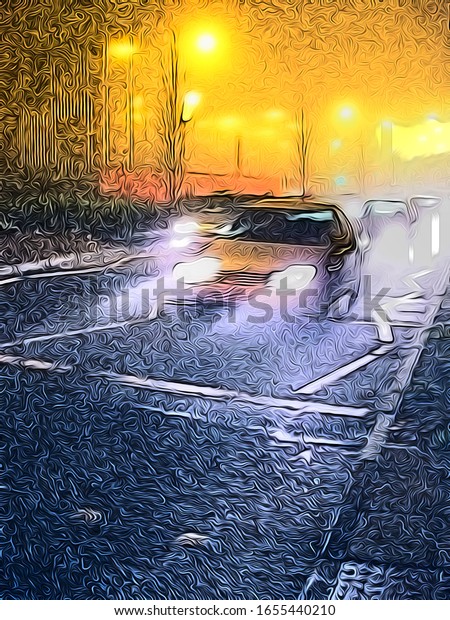 Illustration of a Car passing traffic-lights on a\
cold winter\
evening