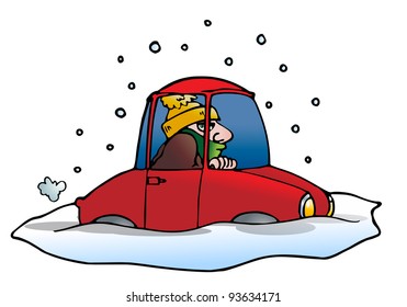 Illustration Of A Car Stuck In The Snow And Ice In Isolated White