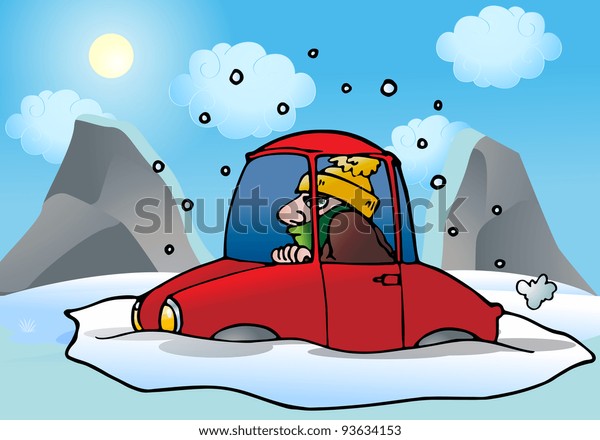 illustration\
of a car stuck in the snow and ice  in\
road