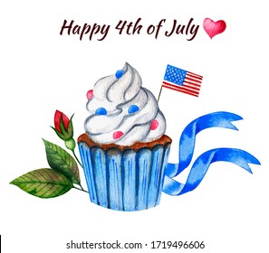 Illustration for cards or prints. American independance day. Hand drown watercolor cupcake with flowers and american flag - Powered by Shutterstock