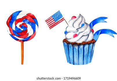 Illustration for cards or prints. American independance day. Hand drown watercolor cupcake with flowers and american flag - Powered by Shutterstock