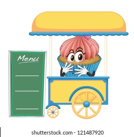 illustration of a cart stall and a cupcake on a white background