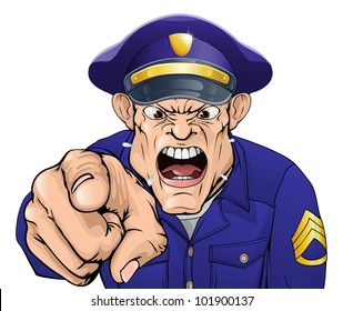 Illustration Of A Cartoon Angry Policeman Cop Or Security Guard Shouting At The Viewer