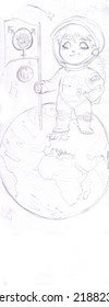 Illustration In Cartoon Chibi Style Of Samantha Cristoforetti, Famous Astronaut Of Italian Origin, Who Plants The Transfeminist Flag On The Planet Earth